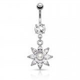 Piercing nombril fleur 70 - Gris cristaux et perle