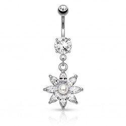 Piercing nombril fleur 70 - Gris cristaux et perle