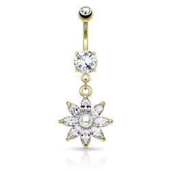 Piercing nombril fleur 70 - Jaune cristaux et perle