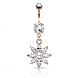 Piercing nombril fleur 70 - Rose cristaux et perle