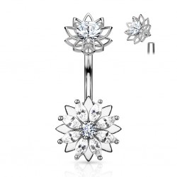 Piercing nombril fleur 51 - Gris haut et bas cristaux