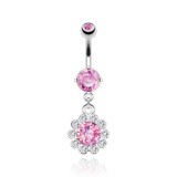 Piercing nombril cristal 32 - Fleur pendante rose