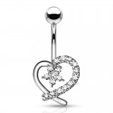 Piercing nombril coeur 19 - Gris strass transparents et fleur