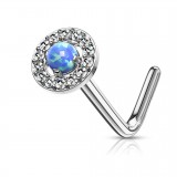 Piercing nez courbé 0.8mm 71 - Rond strass avec opale bleue