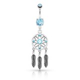 Piercing nombril attrape rêve 09 - Trois plumes cristal bleu-clair