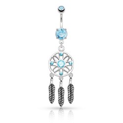 Piercing nombril attrape rêve 09 - Trois plumes cristal bleu-clair