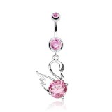 Piercing nombril cygne avec zircone rond rose (15)