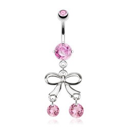 Piercing nombril noeud papillon 17 - Deux zircones ronds roses