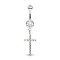 Piercing nombril croix 31 - Gris fine ligne de strass
