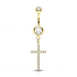 Piercing nombril croix 31 - Jaune fine ligne de strass