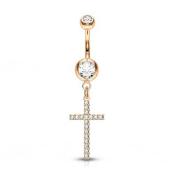 Piercing nombril croix 31 - Rose fine ligne de strass