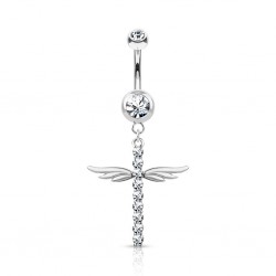 Piercing nombril croix 30 - Gris ligne de strass et ailes