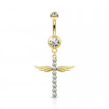 Piercing nombril croix 30 - Jaune ligne de strass et ailes