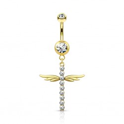 Piercing nombril croix 30 - Jaune ligne de strass et ailes