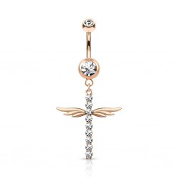 Piercing nombril croix 30 - Rose ligne de strass et ailes