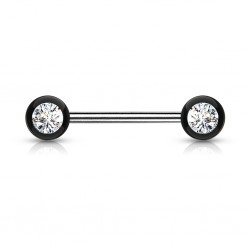 Piercing téton barbell 05 - Boules noires strass transparents