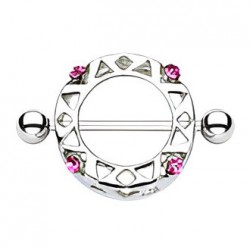 Piercing téton bouclier quatre strass roses (19)