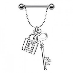 Piercing téton barbell 23 - Serrure et clé strass transparents