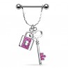 Piercing téton barbell 23 - Serrure et clé strass roses