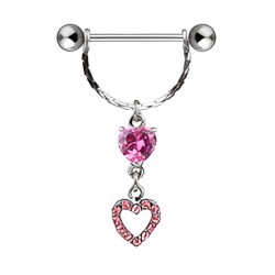 Piercing téton barbell 40 - Deux coeurs pendants strass roses