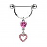 Piercing téton barbell 40 - Deux coeurs pendants strass roses