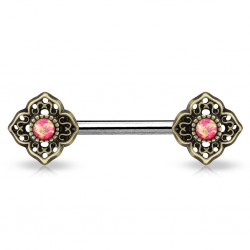 Piercing téton barbell 31 - Vintage jaune bronze opalite rose