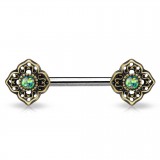 Piercing téton barbell 31 - Vintage jaune bronze opalite verte