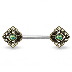 Piercing téton barbell 31 - Vintage jaune bronze opalite verte