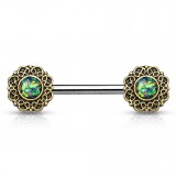 Piercing téton barbell 38 - Vintage B jaune bronze opalite verte