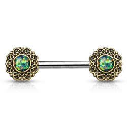 Piercing téton barbell 38 - Vintage B jaune bronze opalite verte