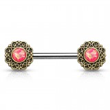 Piercing téton barbell 38 - Vintage B jaune bronze opalite rose