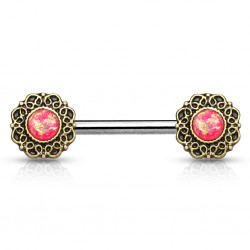 Piercing téton barbell 38 - Vintage B jaune bronze opalite rose