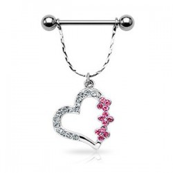 Piercing téton barbell 45 - Coeur et fleurs strass roses