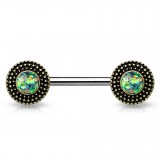 Piercing téton barbell 60 - Vintage bronze opalite verte