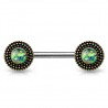 Piercing téton barbell 60 - Vintage bronze opalite verte