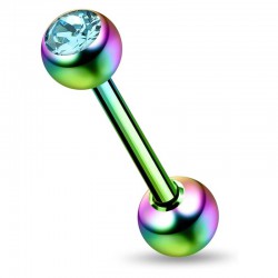 Piercing pour langue PVD 20 - Rainbow strass bleu-clair