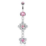 Piercing nombril losange et fleur transparent et rose (D24)