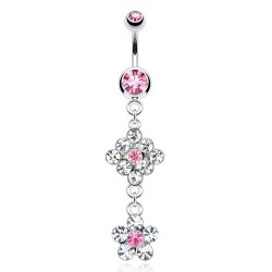 Piercing nombril losange et fleur transparent et rose (D24)