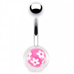 Piercing nombril UV 92 - Petites fleurs blanches sur fond rose