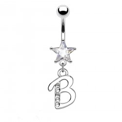 Piercing nombril étoile lettre B avec des cristaux transparents