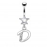 Piercing nombril étoile lettre D avec des cristaux transparents