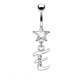 Piercing nombril étoile lettre E avec des cristaux transparents