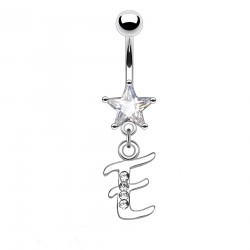Piercing nombril étoile lettre E avec des cristaux transparents