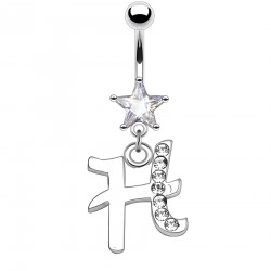 Piercing nombril étoile lettre H avec des cristaux transparents