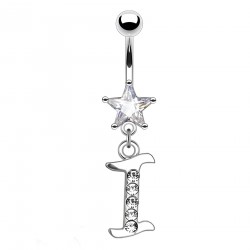 Piercing nombril étoile lettre I avec des cristaux transparents