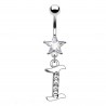 Piercing nombril étoile lettre I avec des cristaux transparents