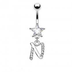 Piercing nombril étoile lettre N avec des cristaux transparents