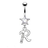 Piercing nombril étoile lettre S avec des cristaux transparents