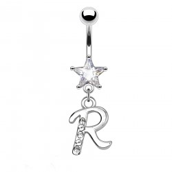 Piercing nombril étoile lettre S avec des cristaux transparents