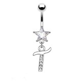 Piercing nombril étoile lettre T avec des cristaux transparents